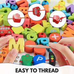 Wooden Lacing Toy Alphabet Number Threading Beads for Boys Girls Age 3 4 5 6 Mon