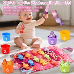 Montessori Toys for 1 Year Old – 20PCS Cloth Toddler Pink Fishing Game with S…