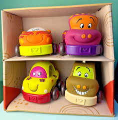 NEW B. Toys Wheeee-ls! PULL BACK TOY CARS 4Pc SET Soft Plastic Chunky Vehicles