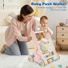 Paisure Pink Baby Push Walker for Girls 10+ Months, Wooden Baby Walker Push T…