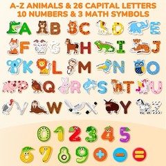 Wooden Kids Magnets – 26 Cute Animals, Alphabet Uppercase Letters, and 0-9 Nu…