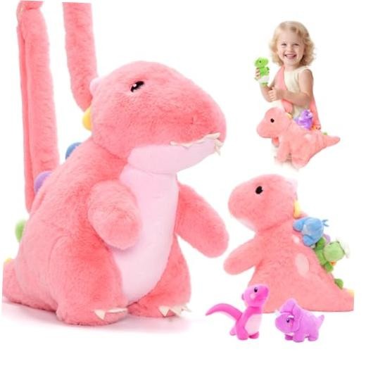 Pink Stuffed Animals with 4 Babies Inside & Shoulder Strap | Dinosaur