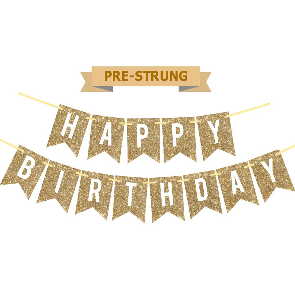 Netnology Pre-Strung Gold Happy Birthday Banner Decorations,12 ft No DIY Gold…