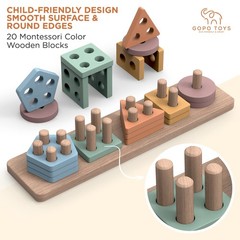 Montessori Toys for 1+ Year Old – Wooden Shape Sorter & Stacking Puzzle – Tod…