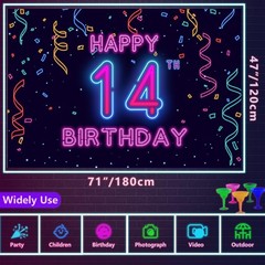 14th Neon Birthday Banner Backdrop, 14 Years Birthday Party Banner Let Glow P…