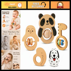 Montessori Wooden Baby Rattle Set (5pcs) – Eco-Friendly Grasping Toys for Infant