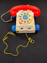 Vintage Fisher Price Chatter Telephone Pull Toy #747 Rotary Phone Wood Base