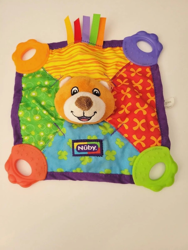 Nuby Plush Bear Teething Security Blanket Multi-Color Squeak Crinkle Teether Toy