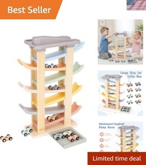 Montessori Toddler Toys for 1 2 3 Old – 7 Level Wooden Car Ramp Racer Toys w…