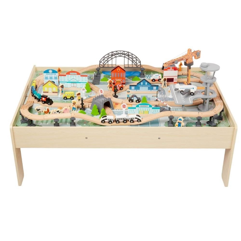 Amazon Basics 120 Piece Wooden Train Set with Activity Table, Sturdy Tracks, …