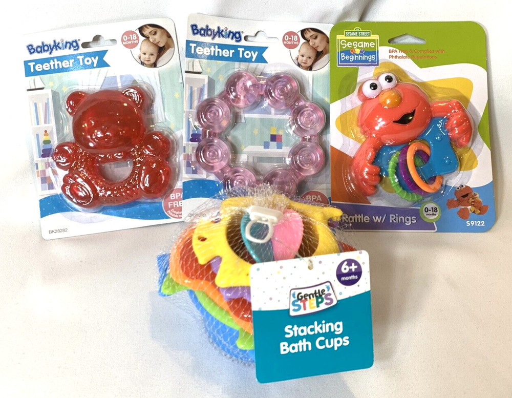 NEW Baby Toys LOT Rattle Teether Stacking Bath Cups, 4 Pkgs, ELMO Gift Shower