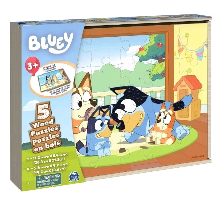 Bluey, 5 Wood Puzzles Jigsaw Bundle with Tray, for Kids Ages 3 and up