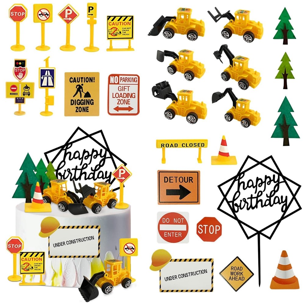 27 PCS Mini Construction Vehicles Cake Decoration Set Truck Road Sign Cake To…