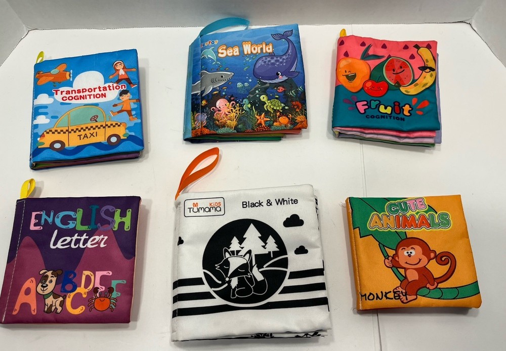 Soft Cloth Baby Books Lot of 6 Animals Fruits Vehicles Sea Life Letters Colors