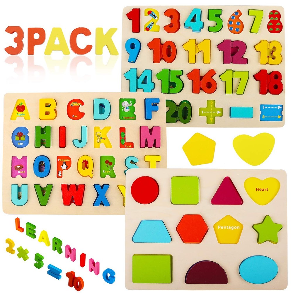 Wooden Alphabet & Number Puzzles for Toddlers, Montessori Learning Toys 3-5 Year