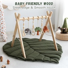 Razee Wooden Baby Play Gym Activity Mat, Leaf Shaped Mat Dark Green