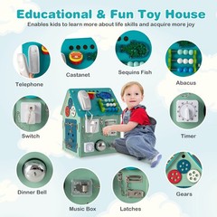 Wooden Busy House Montessori Toy w/ Sensory Games & Interior Storage Space