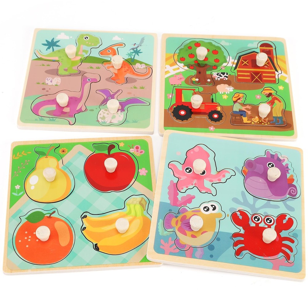 Wooden Peg Puzzles Toddler Educational Wood Farm Dinosaur Fruit Marine Set