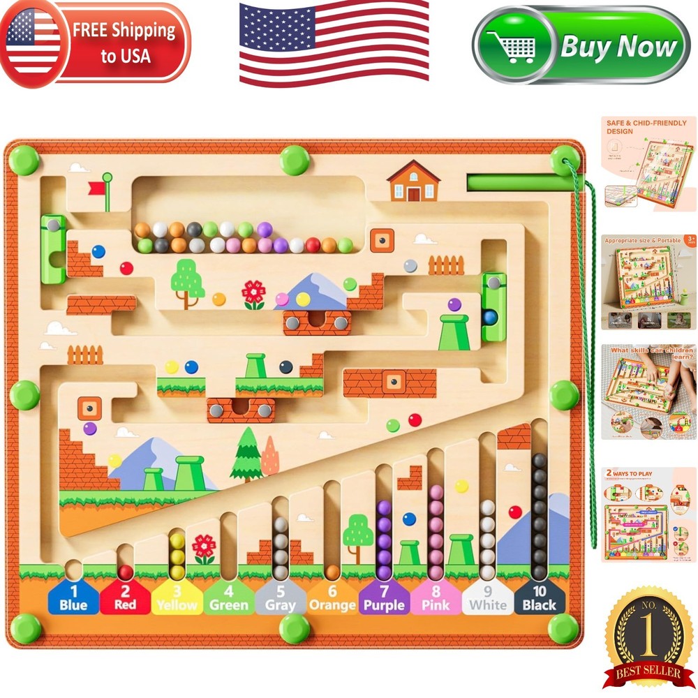 Educational Wooden Magnetic Maze Toy – 55 Beads for Color & Number Learning Fun