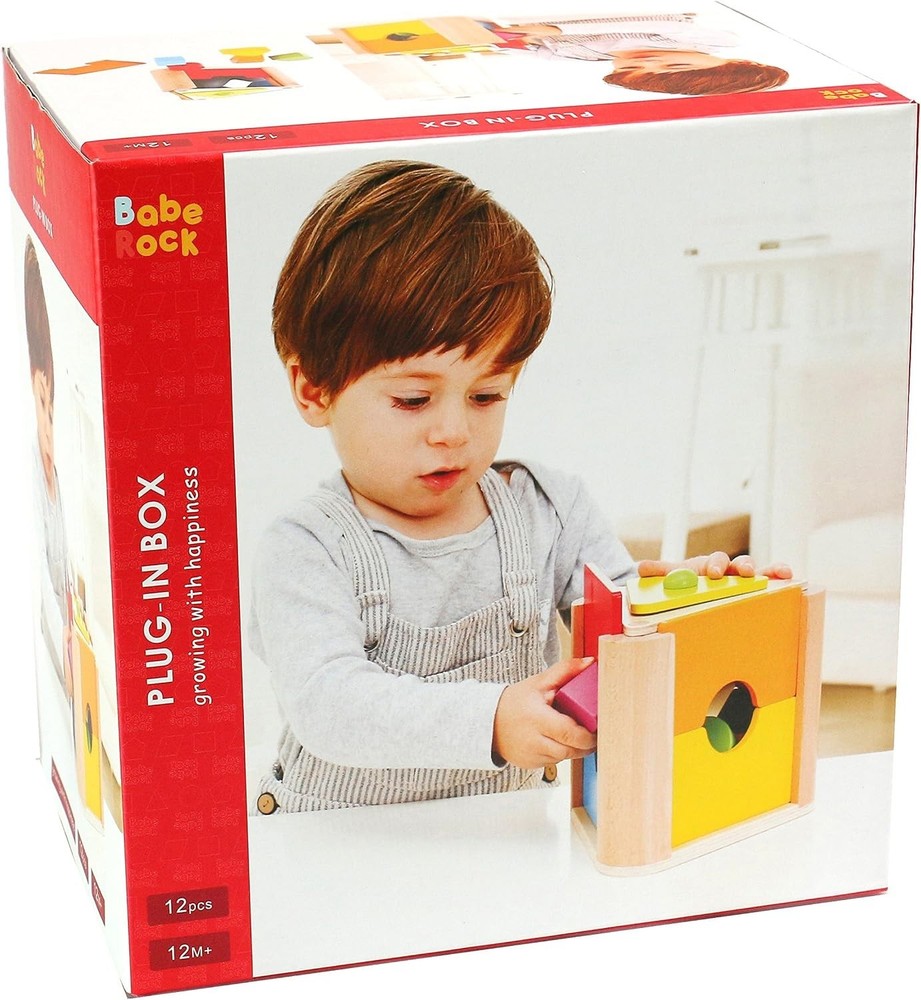 Babe Rock Wooden Plug-In Shape Sorter Box Montessori Toy 12 Pc Ages 12M+
