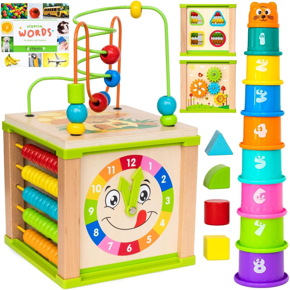Wooden Kids Baby Activity Cube – Boys Gift Set | One 1, 2 Year Old Boy Gifts Toy