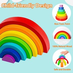 Wooden Rainbow Stacking Toy, Wood Stacker Arch Game, Montessori Arch Bridge R…