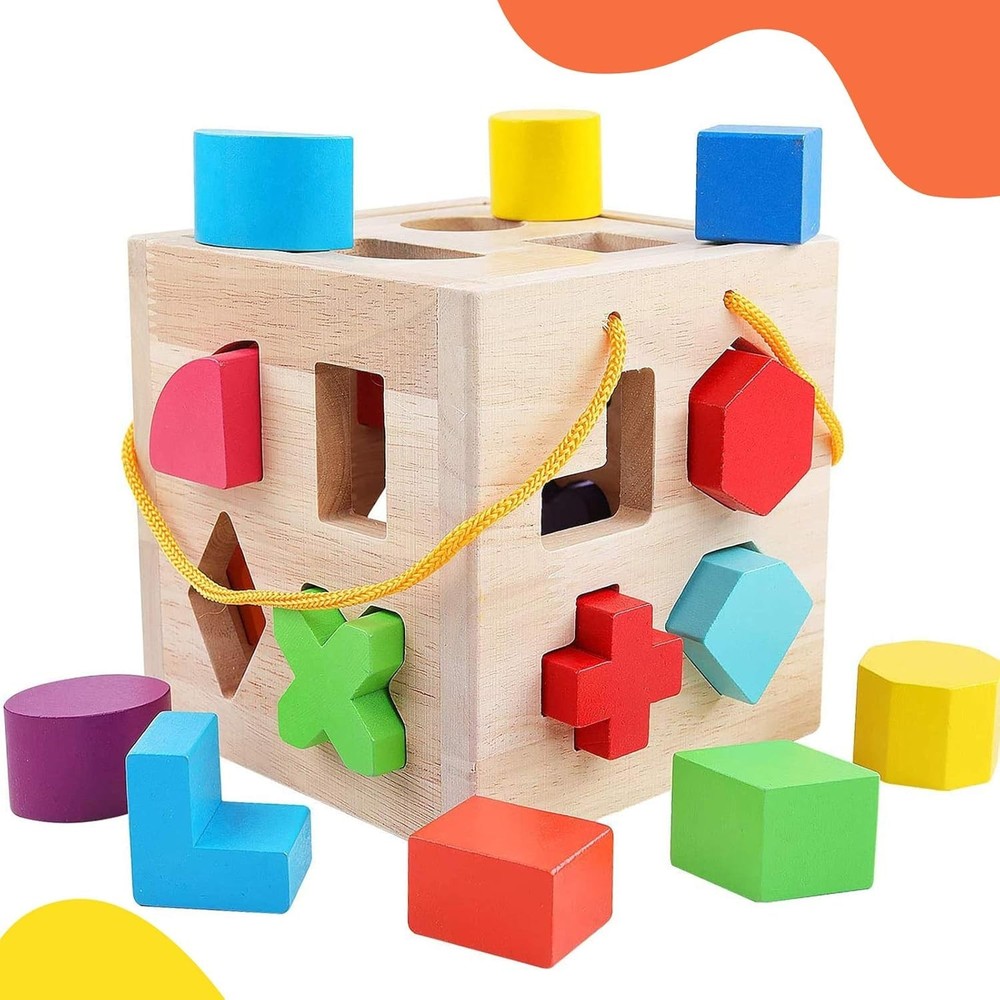 Wooden Shape Sorter Toy with 19 Blocks Natural Solid Wood for Toddlers 2-4