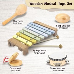 Natural Wood Musical Instruments Set for Toddlers 1-3, 5-in-1 Baby Toy