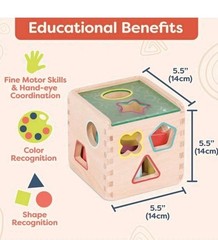 Wooden Shape Sorter Cube, 9 Colorful Shapes, Educational Wooden Toy for Toddlers