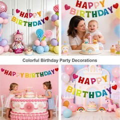 Colorful Pre-Strung 3D Happy Birthday Banner with Heart, Reusable Happy Felt …