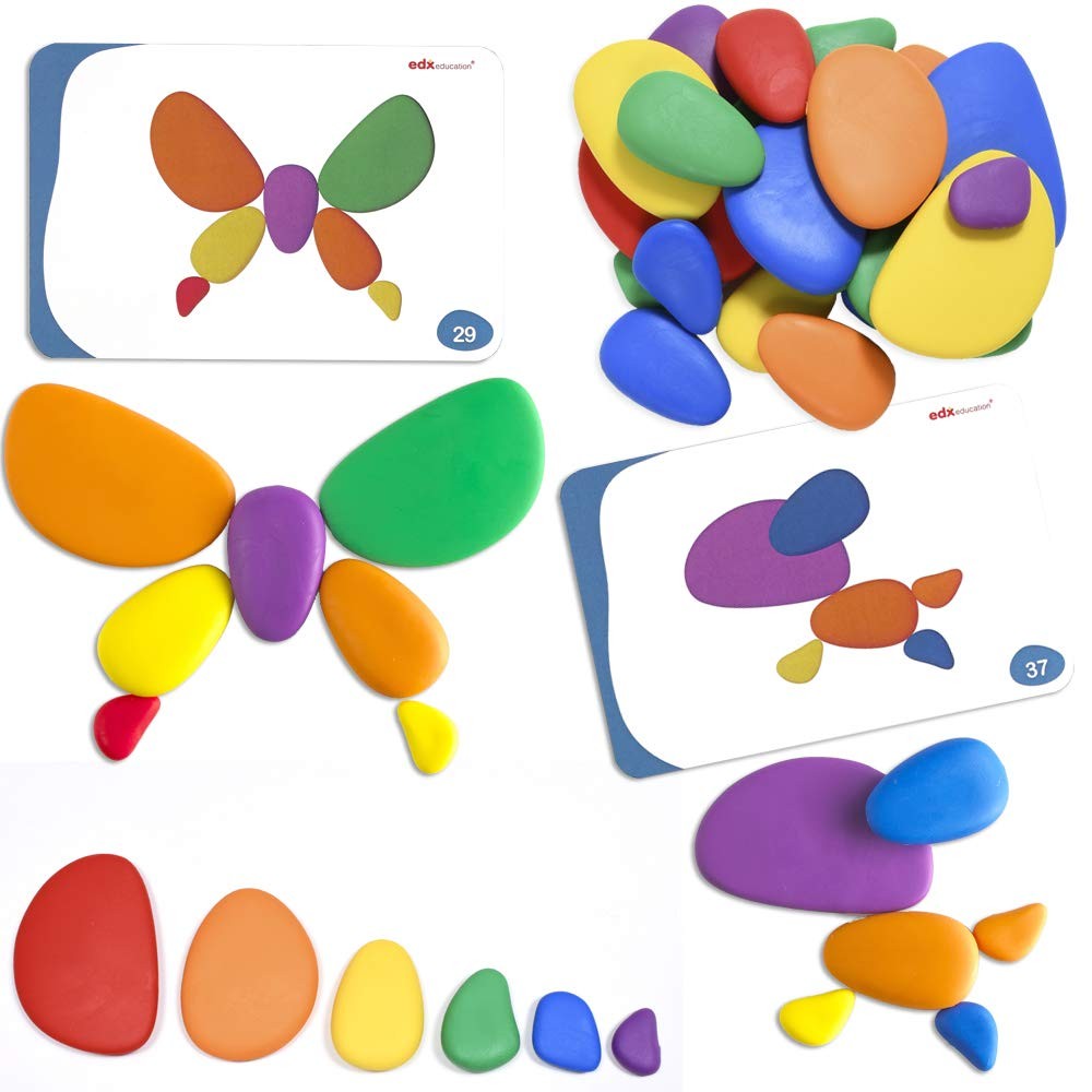 Sorting and Stacking Stones – 36 Plastic Pebbles in 6 Colors – Early Math Toy