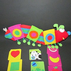 manhattan Baby toy company plush caterpillar w/ pockets cards fruit shapes +