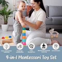 Pine Bunny Montessori Wooden 11-in-1 Toy Set for 10+ Months, Cylinder Block,…