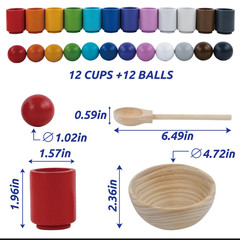 Montessori Color Matching Cups & Balls Toy, Wooden Rainbow Sorting Set