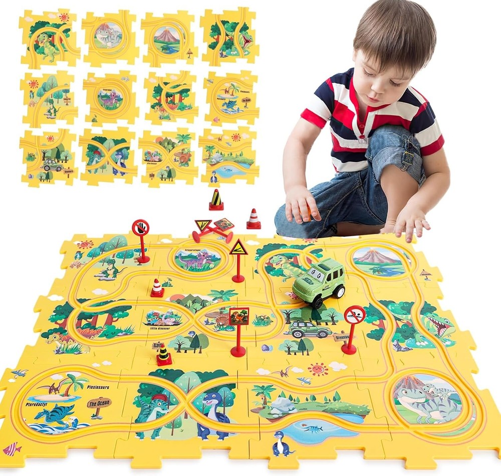 AMOR PRESENT 25PCS Dinosaur Puzzle Track Car Play Set Plastic Dinosaur Puzzle…