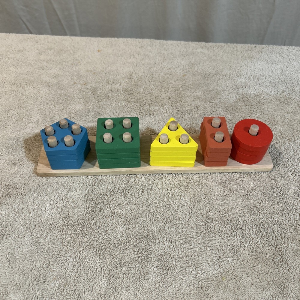 Wooden Colorful Geometric Shape Sorter Stacking Puzzle. Develops Motor Skills