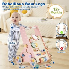 Paisure Pink Baby Push Walker for Girls 10+ Months, Wooden Baby Walker Push T…