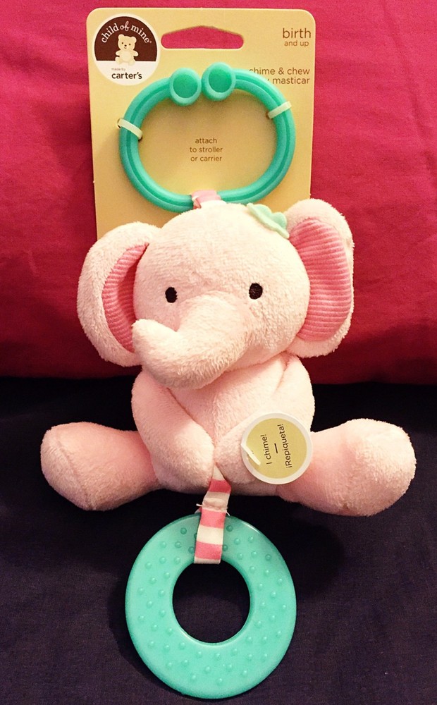 Baby CARTERS Chime & Chew Chime Ratte Teething Toy Plush Clip on Pink Elephant