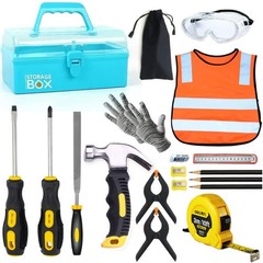 Kids Real 20Pcs Construction Tool Set with Blue Toolbox and Protective Clothi…