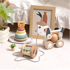 Wooden Dog Pull Along Toy Cat Stacking Rings Baby Toddler Learning Toy Set