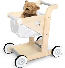 2 in 1 Wooden Baby Walker Push and Pull Doll Stroller, Shopping Cart Learning Wa