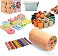 Montessori Toys for 1-3 Year,3 in 1 Wooden Learning Fine Motor Skills Toys Rainb