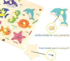 Wooden Peg Puzzle Sea Creature Educational Toddler Wood 11 Piece 18+ Months