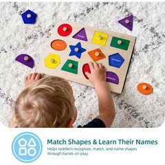 Wooden Shape Peg Puzzle Board, Educational Geometric Learning Board with Knobs,