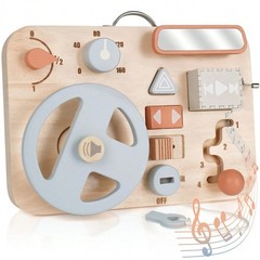 Wooden Car Dashboard Busy Board with Music Box Travel Sensory Toy 3+ Years