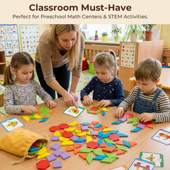 209 PCS Shapes Wooden Pattern Blocks for Kids, Geometric with Activity Cards and