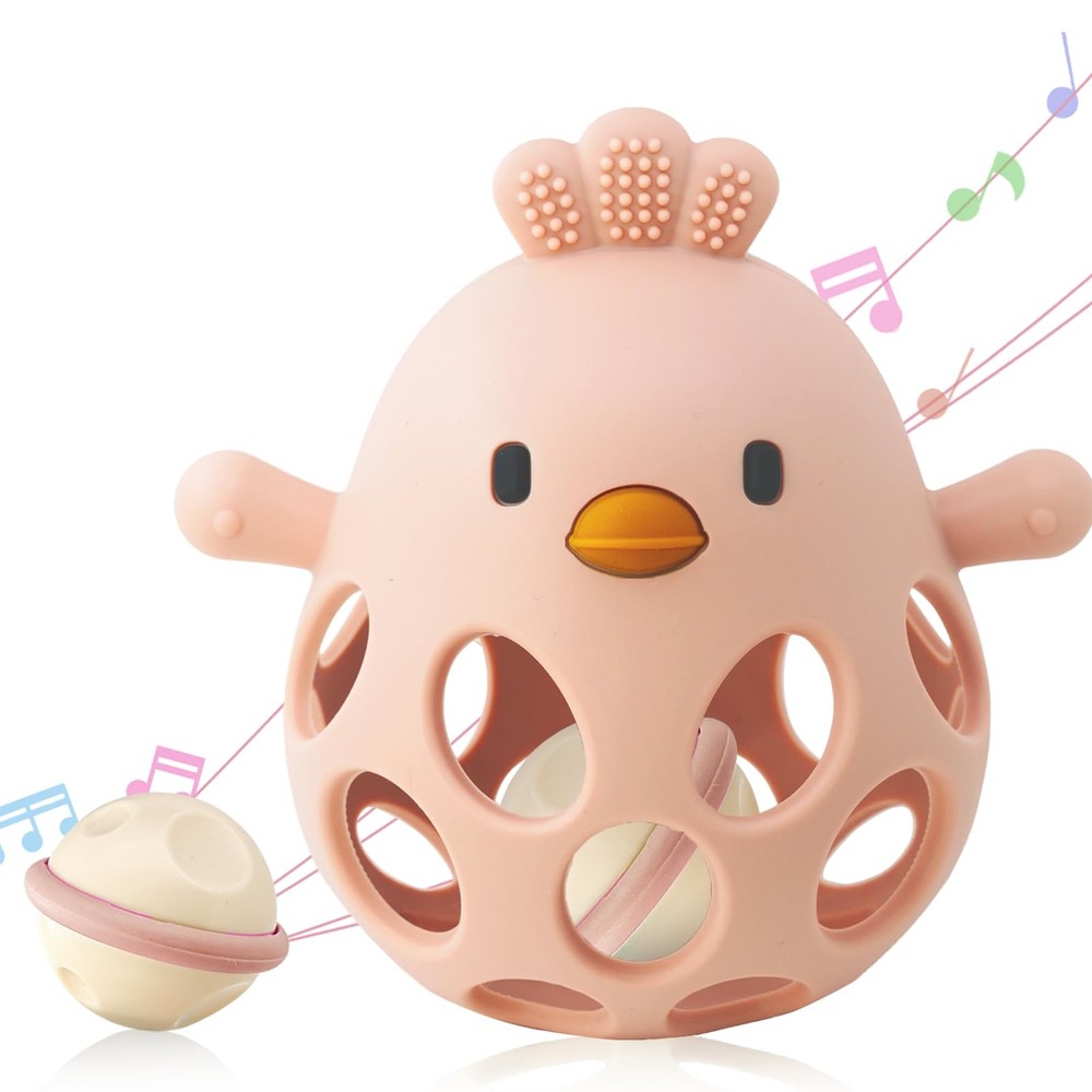 ChooKaChoo 2-in-1 Baby Teething Rattle Toy, Sensory Grasping Teether for Pink