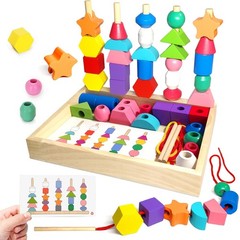 Montessori Wooden Beads Sequencing Toy Set, Sorting Stacking Blocks & Lacing …