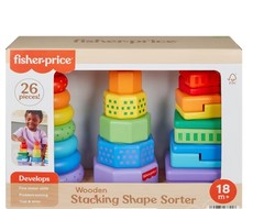 New Fisher Price Mattel Wooden Stacking Shape Sorter 26 Pieces 18 m +