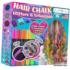 Dustless Hair Chalk for Girls Washable with Clip in Hair Extensions, Brushes